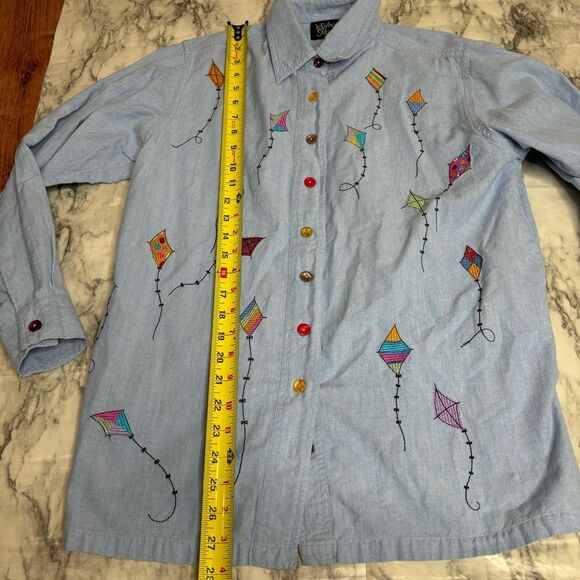 Vintage Kite Print Button Up Long Sleeve Top blue 100% cotton retro medium 90s - Picture 6 of 6